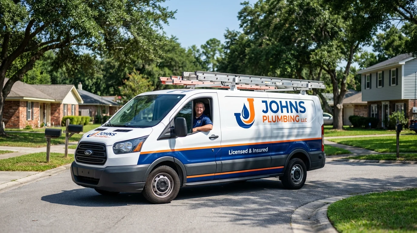 Johns Plumbing LLC service van in Lansing, NY