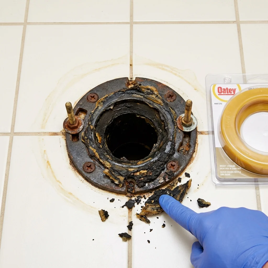 Failed wax ring showing water seepage at the base of a toilet in a Lansing, NY home